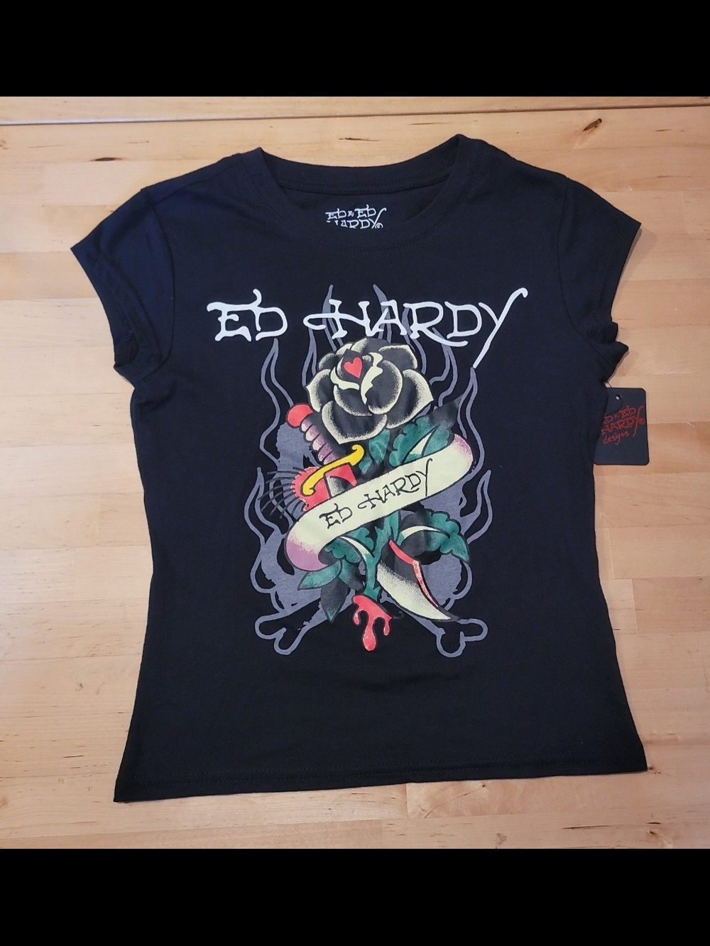 Ed Hardy Black Tee with Rose, Dagger & Banner Graphic